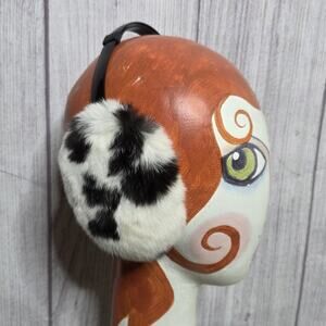 Vintage Rabbit Fur Cow Print Earmuffs Black White Adjustable Western Cowgirl